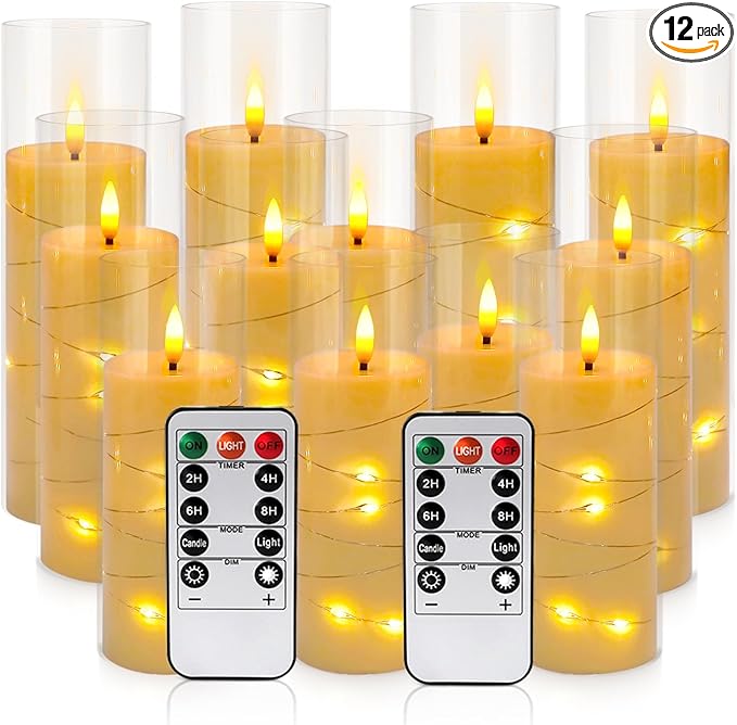 YOROXRG Flickering Flameless Candles Battery Operated with Remote,Led Pillar Candles with Realistic Moving Wick Candles for Halloween,Christmas,Home Decor Pack of 12 (D2.2 xH 5" 6" 7")(White)