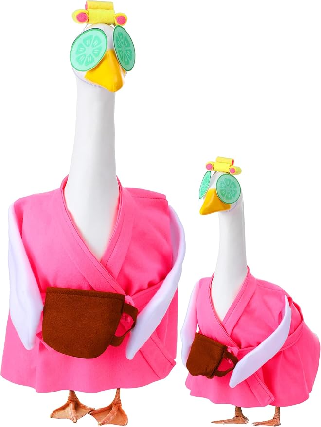 Outus Lady Bathrobe Goose Outfits Set Includes Rose Red Bathrobe Hat Rollers and Cucumber Eye Mask Summer Pink Spa Funny Goose Porch Clothing for 23'' Outdoor Garden Yard Patio Lawn Statue
