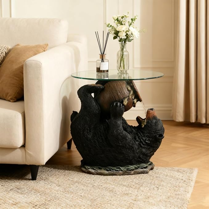 Honey-Drinking Bear Side Table with Waterfall 2-in-1 Resin Sculpture End Table Round Glass Top Indoor Outdoor for Patio, Garden, Living Room