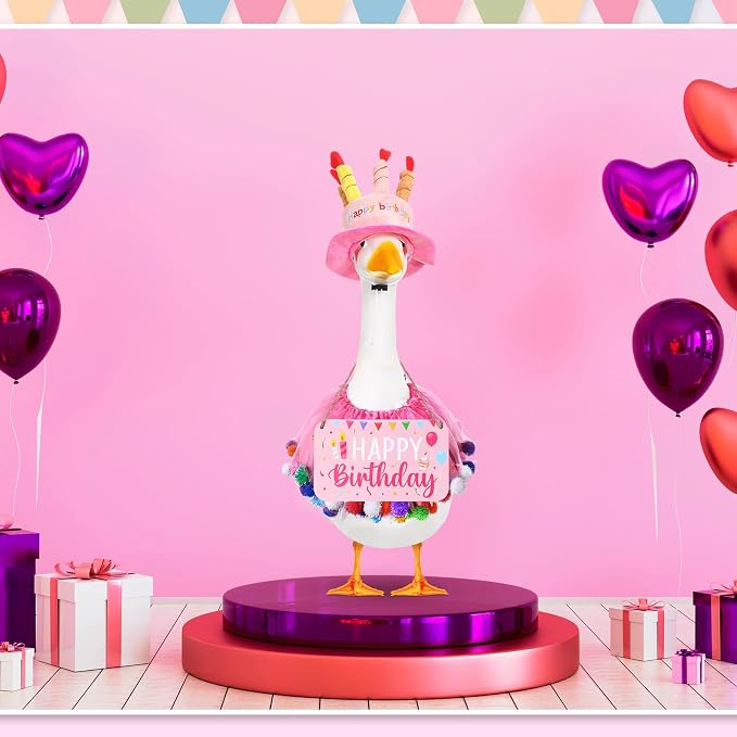 Happy Birthday Porch Goose Outfit Lawn Goose Cloth Costume for 23" Cement Plastic Patio Yard Statue Outdoor(Pink,Tutu Skirt)