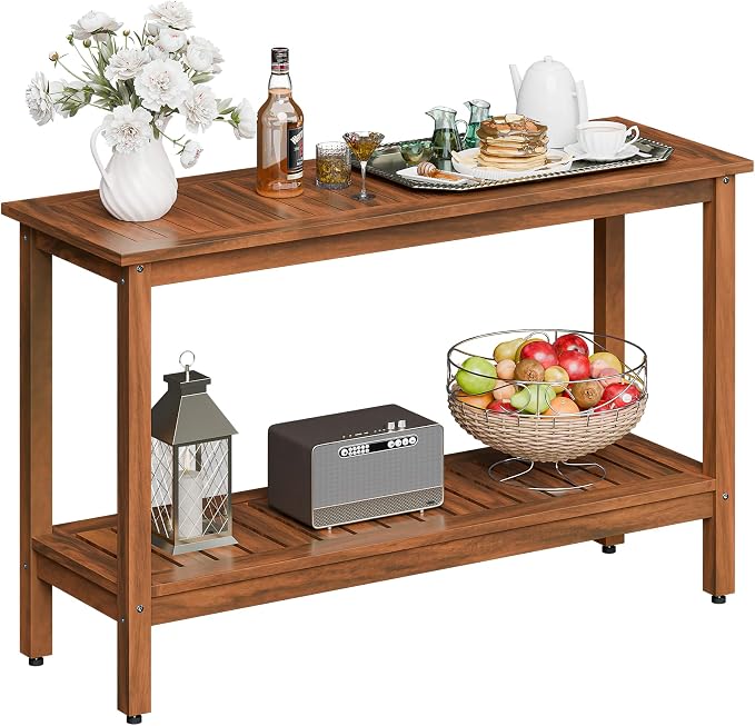 ZenStyle Solid Wood 48in 2-Shelf Console Table, Indoor Outdoor Accent Plant Table Storage Organizer w/Foot Sliders for Patio, Deck, Porch, Garden (Natural)