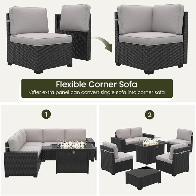 LayinSun 13 Pieces Outdoor Patio Furniture Set with 44" Fire Pit Table Rattan Sectional Sofa Conversation Sets