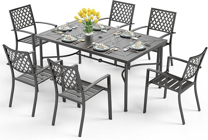 PHI VILLA 7 Pcs Outdoor Dining Set,Rectangular Metal Table& Stackable Chairs