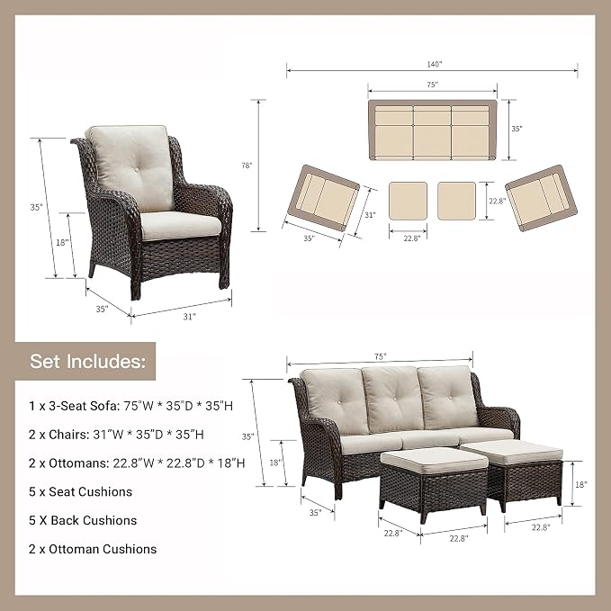 Rilyson Outdoor Furniture Set, 5-Piece Patio Rattan Wicker Sectional Sofa Set with 3-Seat Couch, 2 Armchairs, 2 Ottoman Footrests for Patio Conversation (5 PC,Brown/Beige)