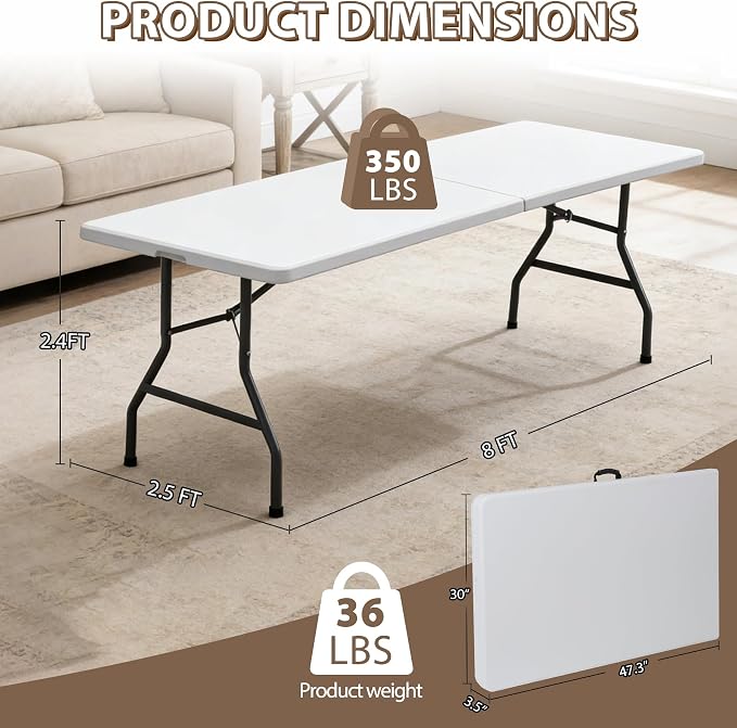 SUPER DEAL 8FT Folding Picnic Table for Indoor Outdoor, Portable Fold-in-Half Plastic Dining Camping Party Table with Carrying Handle