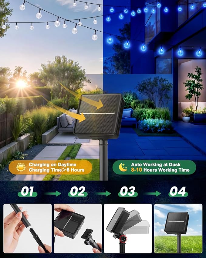 Brightown Solar String Lights Outdoor Waterproof, 2 Pack 60 LED 36.5 FT Each, 8 Lighting Modes Solar Powered Patio Lights for Garden Yard Porch Wedding Party Decor (Blue)