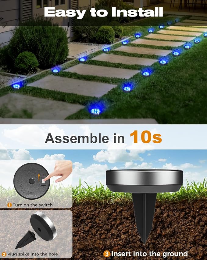 btfarm 16 Pack Solar Lights Outdoor, 8 LED Solar Ground Lights IP65 Waterproof Flat Solar Disc Light, Pathway Lights for Garden Lawn Patio Yard Path Landscape, Blue