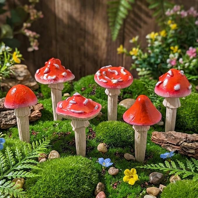 Fairy Garden Mushrooms for Outdoor Decor, 6Pcs Red Mini Mushroom Figurines | Resin Mushroom Miniatures for Fairy Garden Accessories, Plant Pot Decoration, Cute Terrarium, Yard and Lawn Decor
