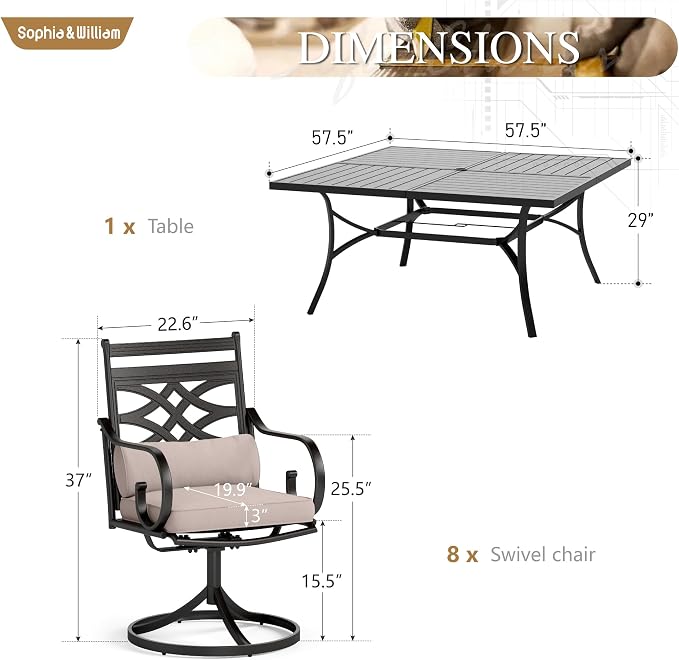 Sophia & William 9 PCS, Patio Dining Set, Steel | Iron, Swivel Chairs, Rust-Resistant, Cushions Included, For Patio, Garden and Yard