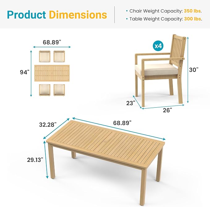 FansaFurn 5 Pieces Acacia Outdoor Patio Table and Chairs Set for All-Weather, Outside Furniture with Table Umbrella Hole and Removable Cushion for 4, Patio Table Set for Patio, Garden, Brown