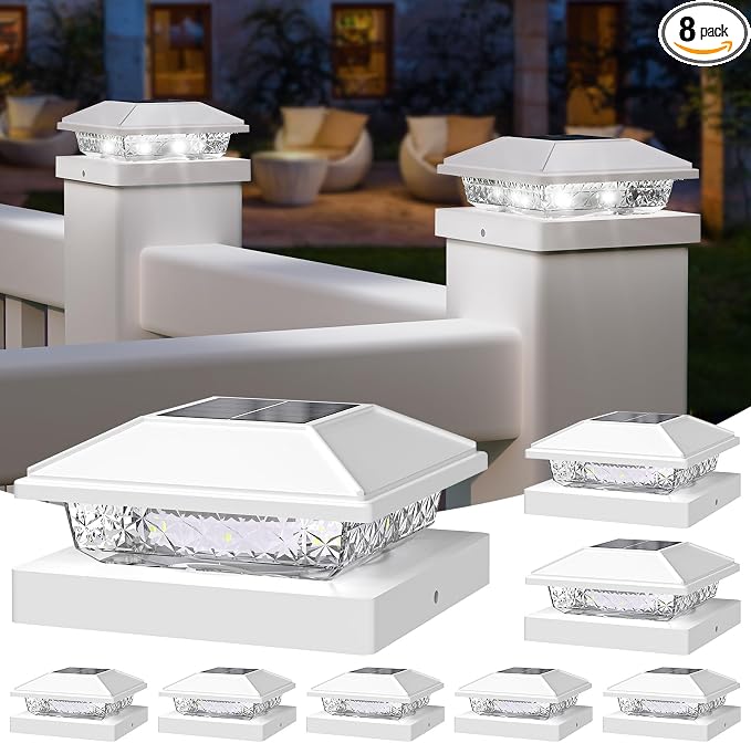 Solar Post Cap Lights,4x4 Post Solar Lights Cool White,White 8 Pack | Fence Post Solar Lights for 4x4 Post Caps Wood Vinyl &5x5 Vinyl Post,IP64 Waterproof Solar Post Lights Outdoor for Deck