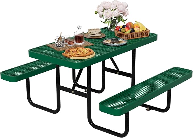 4FT Rectangular Steel Outdoor Picnic Table, Commercial Picnic Table Bench Set with Umbrella Hole, Weather-Resistant Heavy Duty School Dining Table for Stores, Park, Patio, Garden, Backyard, Green