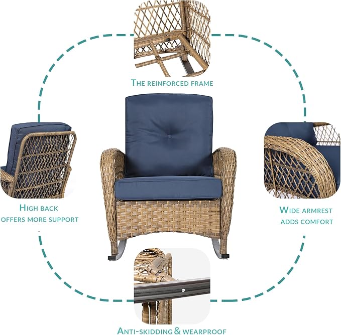 MEETWARM 4 Pieces Outdoor Wicker Patio Conversation Sets with Glider Loveseat, 2 Chairs with Glass-Top Coffee Table Rocking Chair Set, Wicker Conversation Set w/Thickened Cushions, Navy Blue