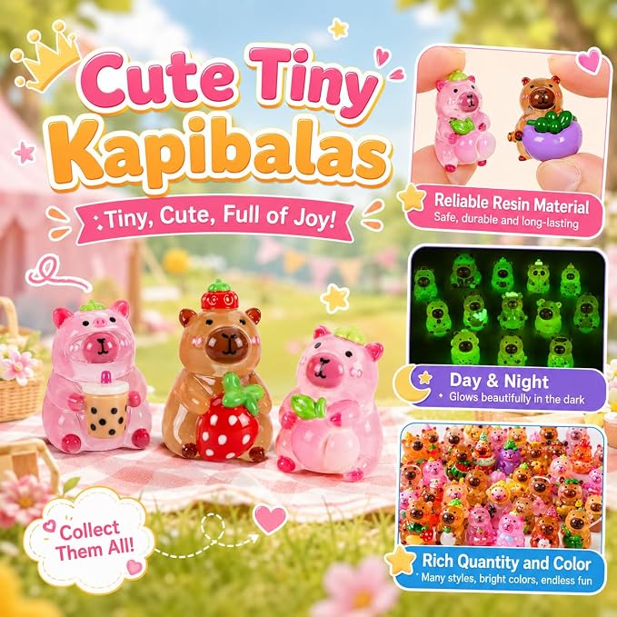 50 PCS Mystery Bag Mini Resin Capybara Blind Bags, Cute Glow in The Dark & Regular Capybara Figurines Surprise Box Toys for Kids, Tiny Collectible Party Favors, Cake Toppers, Phone Case Charms