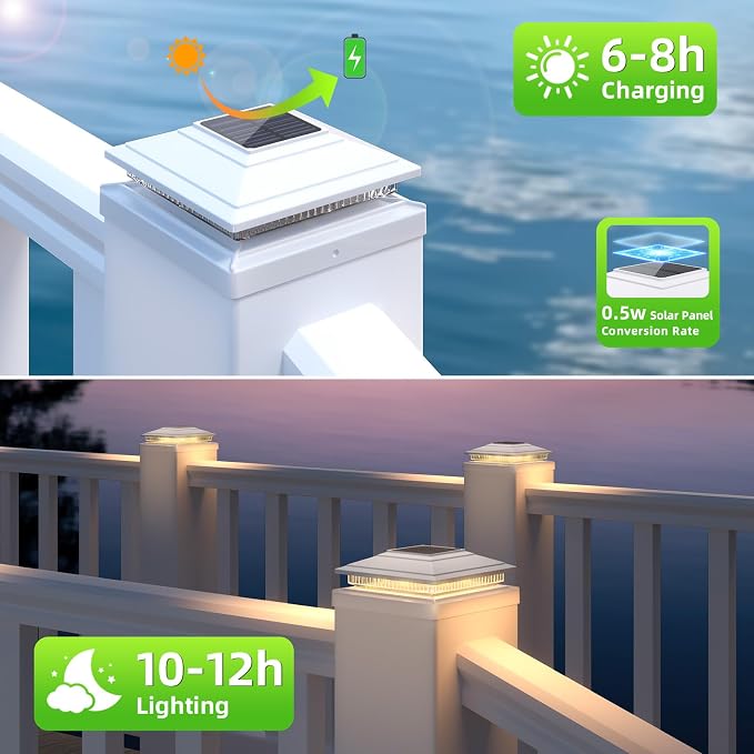 Post Cap Lights Outdoor 6pack, Waterproof Fence Post Solar Lights for 4x4 5x5 6x6 Wood/Vinyl Posts, White Solar Deck Post Lights with 2 Color Modes Decorate Garden Patio Porch Backyard