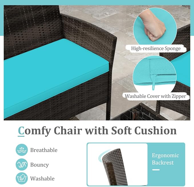 4 Piece Patio Furniture Set, Sectional Conversation Sofa Set with Glass Coffee Table, Cushions & Loveseat, Wicker Outdoor Table and Chairs for Pool, Garden, Deck, Backyard (1, Turquoise)