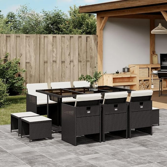 11 Piece Patio Dining Set with Cushions Black Poly Rattan Outdoor Furniture Table and 6 Chairs Tempered Glass Top Foldable Seats for Garden Backyard