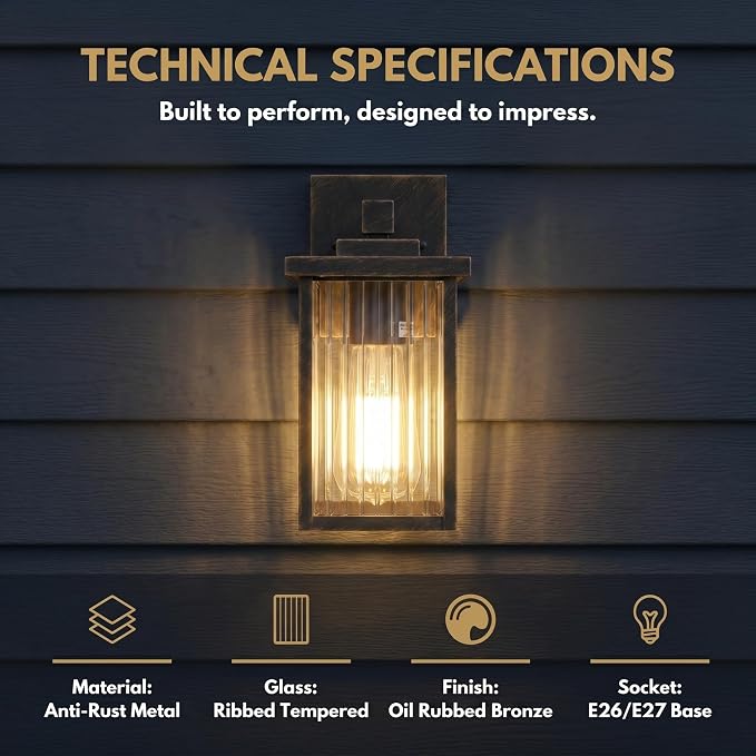 2 Pack Black Brush Gold Porch Light, Waterproof Outdoor Wall Light | Corrosion-Resistant Metal, Waterproof, Textured Glass Cuts Glare, Easy DIY Install on Porch, Garage