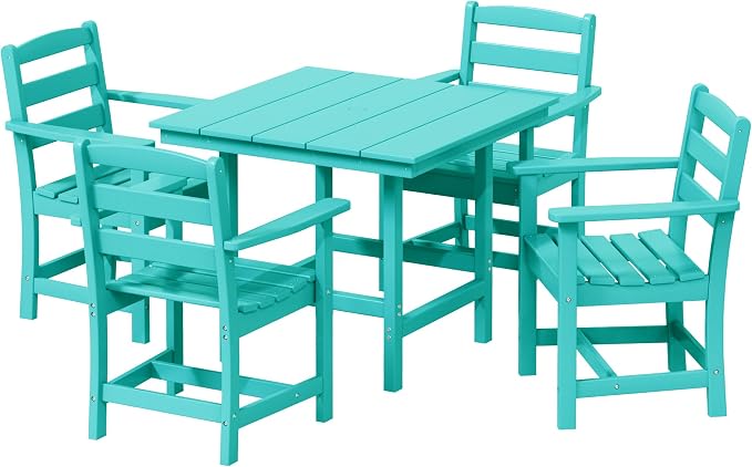WestinTrends Ashore 5-Piece HDPE Outdoor Square Patio Dining Table Set with Armchairs, Turquoise