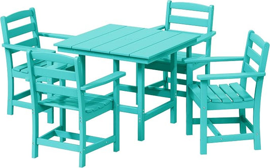 WestinTrends Ashore 5-Piece HDPE Outdoor Square Patio Dining Table Set with Armchairs, Turquoise
