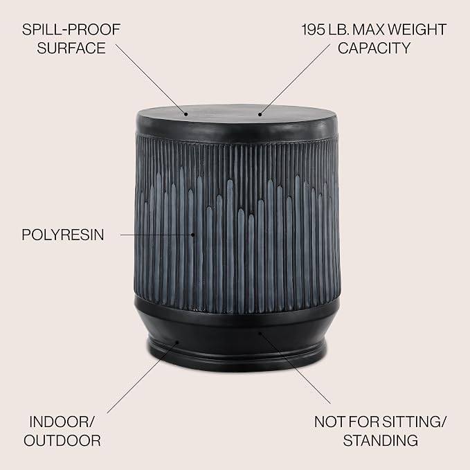 JONATHAN Y Kline Ribbed Resin Modern Outdoor Accent Table, 17.5" H All-Weather Washed Black Patio Drum Side Table and Garden Stool for Pool, Porch, and Living Room TBL1103C