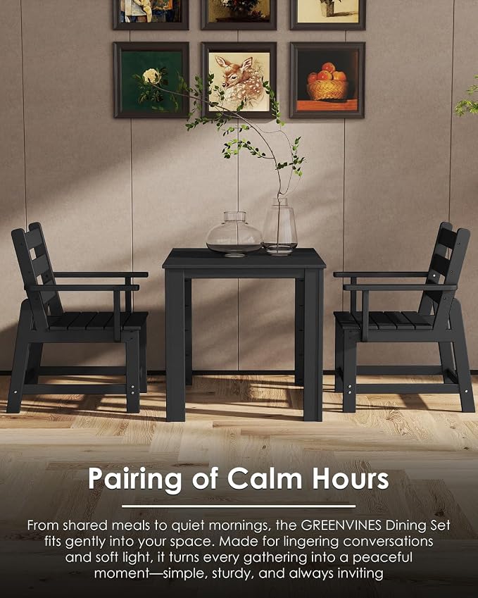 GREENVINES 5-Piece-Outdoor-Dining-Set | HDPE | Square | Patio Furniture | Table and Chairs Sets for 4 | All Weather | Removable Armrests | Umbrella Hole | for Backyard Poolside Garden | Black