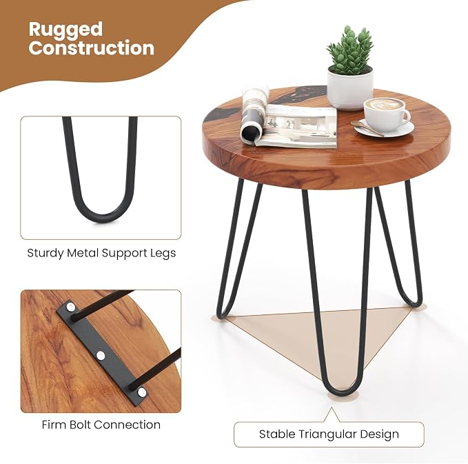 Giantex Outdoor Side Table Teak Wood - 20” Round End Table with Epoxy Resin Tabletop, Solid Live Edge, Metal Frame, Rustic Sofa and Couch Table for Patio, Porch, Poolside, Living Room, Yard, Brown