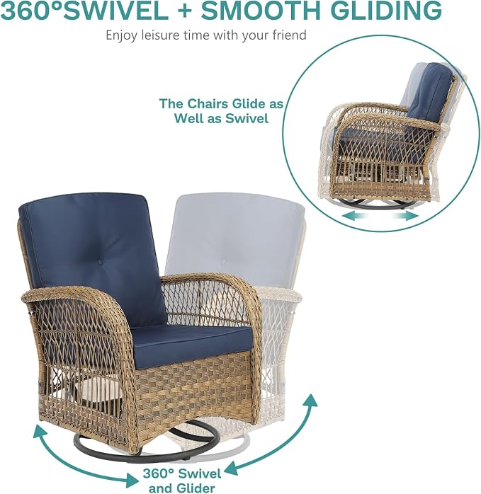 MEETWARM 7 Pieces Outdoor Patio Rattan Furniture Sets, All Weather Patio Wicker Conversation Set- 2 Rocking Chairs, 2 Swivel Chairs, 1 Loveseat Glider w/Cushions, 2 Glass-Top Coffee Table, Navy Blue