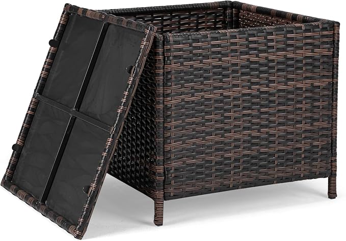 Outdoor Wicker Side Table with Storage Patio Rattan End Table, Small Storage Rattan Wicker Table, Resin Coffee Table, for Garden Porch Deck Living Room Backyard (Square)