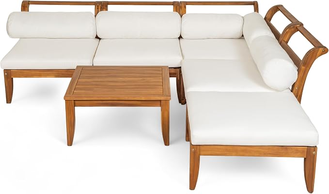 RuiSiSi 6 Piece Patio Sofa Set, Acacia Wood Outdoor Modular Sectional Garden Furniture Set, L-Shaped Conversation Set with Tea Table, Ottoman, 5 Cushions and Pillows, Teak+Beige