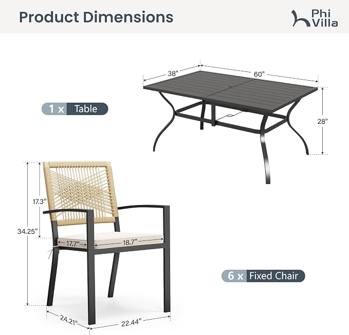 PHI VILLA Outdoor Dining Set for 4, 60" Rectangular Table, Wicker Chairs | Outdoor Dining Set for 6, Rectangular Patio Dining Table Set with Patio Wicker Chairs for Garden, Porch, Deck