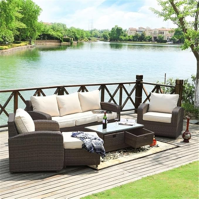 Outdoor Furniture 5PCS Conversation Sets in Brown with Cushions