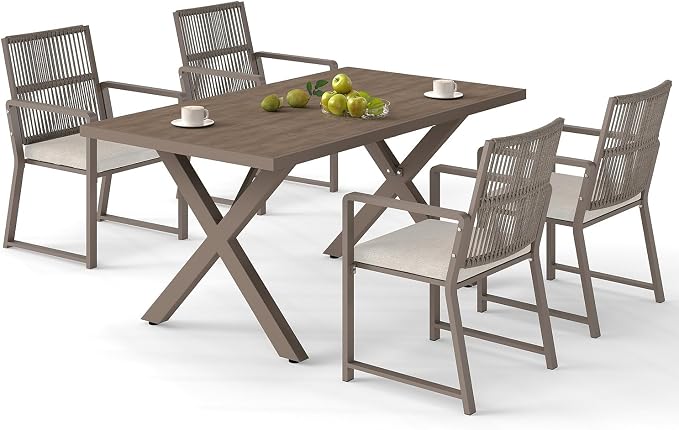 5 Pieces Outdoor Dinning Set Featuring 1 Aluminum Table and 4 Iron Alloy Ratten Chairs Waterproof and Rust-Proof Courtyard Style Table Garden Balcony Poolside, Light Brown 5 Pcs