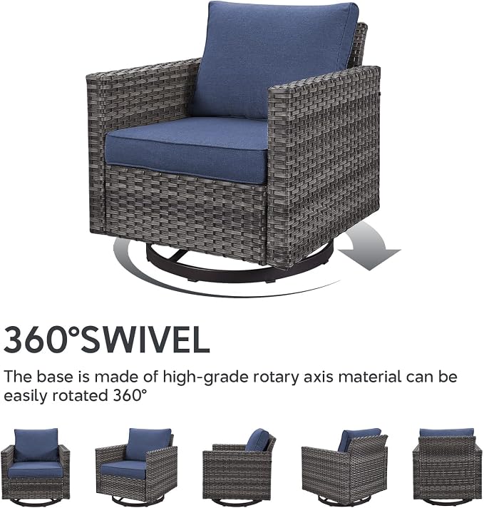 5 Piece Wicker Patio Furniture Set - Outdoor Swivel Rocker Chairs Set with 3 Seat Sofa and Ottomans, Small Patio Conversation Sets Proch Furniture for Balcony Deck - Grey/Blue