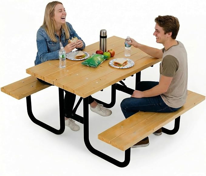 Commercial Wood Picnic Table with Metal Frame & 1.38" Thick Pine (Radiata Pine, 4' Rectangular)