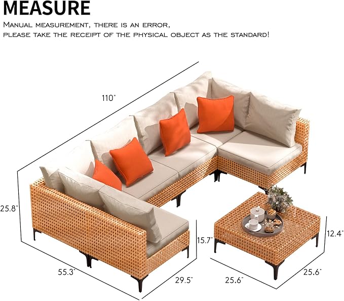 7 Piece Outdoor Patio Furniture Set Modular Outdoor Furniture Set Wicker Outdoor Sectional Sofa with Table Patio Set for Balcony Porch Deck Yard (Salmon&Orange Wicker, Sand Cushion)