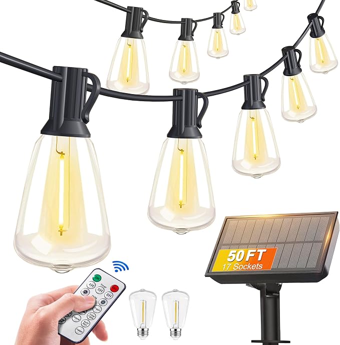 BLIATLUS 50FT Solar String Lights Outdoor Remote 17 Shatterproof LED Bulbs | Waterproof Remote Control Solar Lights Porch Garden Market Bistro Patio Backyard Fence