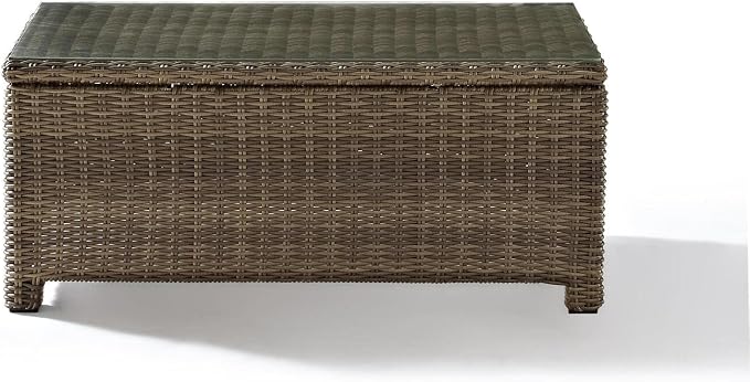 HomeStock Tuscan Treats Outdoor Wicker Rectangular Tempered Glass Top Coffee Table, Brown, 17.75" D x 40" W x 21" H, Durable Steel Construction, Modern Outdoor Patio/Lawn Coffee Table