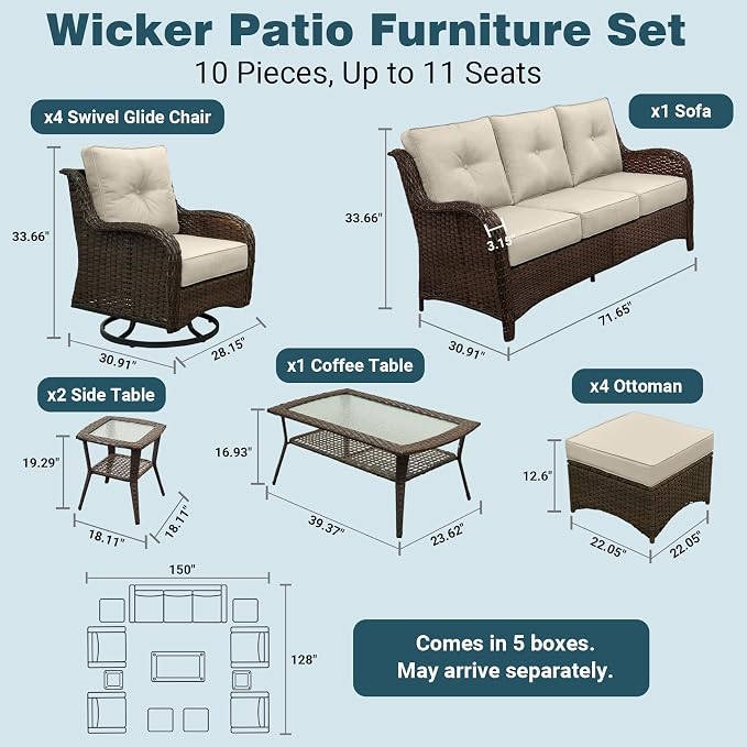 Luxury Patio Conversation Set, 12-Piece Ergonomic High Back Wicker Sofa&Swivel Chair Set with 6-Inch Deep Seating Cushions, Large Patio Furniture Set for Garden, Deck & Balcony, Beige