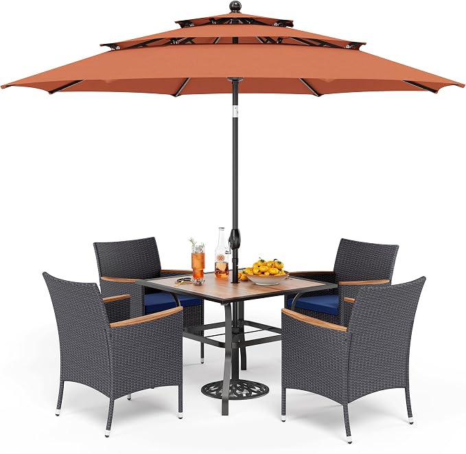 PHI VILLA 5pc Patio Dining Set with Umbrella, Square Table, Rattan Chairs | 37" Wood-like Metal Table, Cushioned PE Rattan chairs, 10ft Red 3 Tier Auto-tilt Umbrella (Base Not Included)