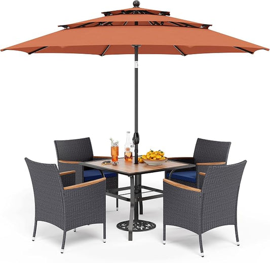 PHI VILLA 5pc Patio Dining Set with Umbrella, Square Table, Rattan Chairs | 37" Wood-like Metal Table, Cushioned PE Rattan chairs, 10ft Red 3 Tier Auto-tilt Umbrella (Base Not Included)