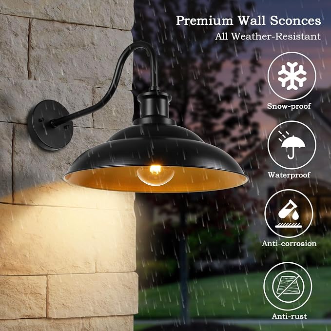 Outdoor Barn Light Fixture, Farmhouse 16 Inch Dome Large Black Exterior Wall Sconce, Industrial Wall Lantern for Porch, House, Garage, Patio, Front, 2 Pack