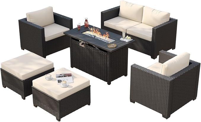 Aoxun Patio Furniture Set with Fire Pit Table, 6 Seats Outdoor Furniture Set with Wicker Ottomans, Rattan Outdoor Sectional Sofas with Thickened Cushion & Waterproof Cover Beige