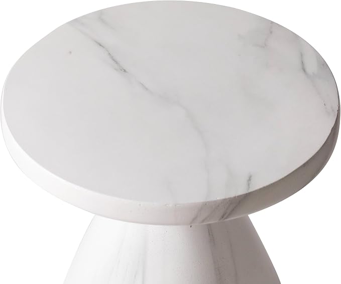 LeisureMod Modern Side Lightweight Fiberstone Top 20” Round Accent Table and Hourglass Pedestal Base for Outdoor, Home, Living Room Dune Series in Marble White