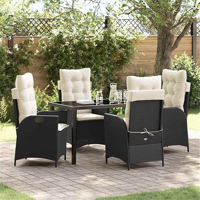 Afuera Living 5-Piece Poly Rattan Garden Dining Set, Black Finish, Glass Tabletop, Cushioned Seats, Ergonomic Design, Weather-Resistant, Modern Patio Furniture for Outdoor Dining or Gatherings