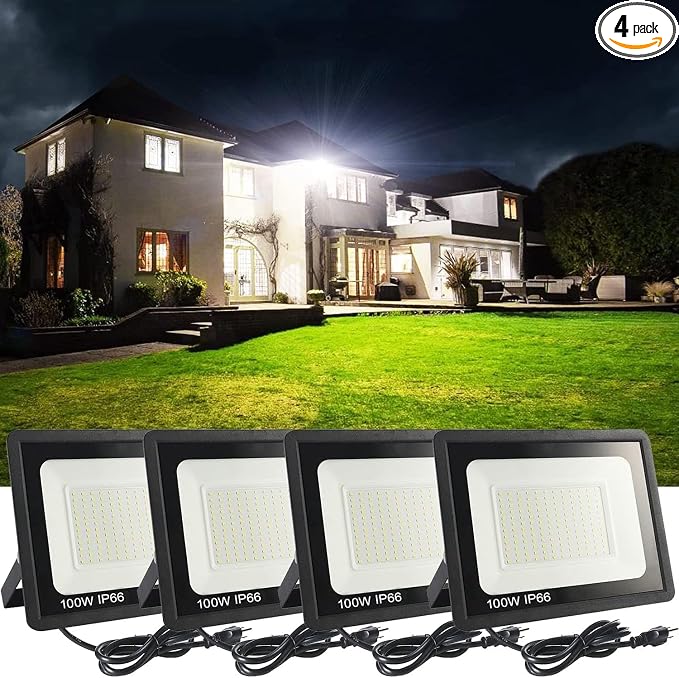 4Pack LED Flood Light Outdoor,100W LED Work Light 11000lmwith 6FT US Plug,IP66 Waterproof Exterior Security Lights,6000K Daylight White Outside Floodlights Slim Design for Playground Yard