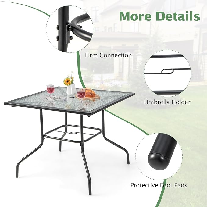 HAPPYGRILL Patio Square Dining Table 35" x 35", Outdoor Dining Table with Tempered Glass Tabletop & 1.5" Umbrella Hole, Metal Bistro Table for Garden Backyard and Porch