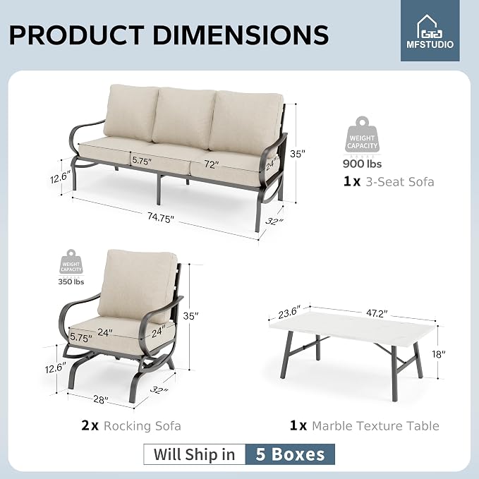 MFSTUDIO 4 Pieces Patio Conversation Sets(5 Seat),Outdoor Metal Furniture Sofas with 1 Loveseat(3 Seat), 2 Rocking Chairs,1 Coffee Table,Wrought Iron with Beige Cushion for Patio Courtyard Balcony
