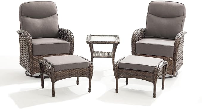 Outdoor Swivel Rocking Chair Patio Set (5-Piece), High-Back - Thick Cushion Swivel Rocking Chair Patio Set, All-Weather Wicker Patio Furniture Set, Suitable for Balcony Patios, Brown/Gery