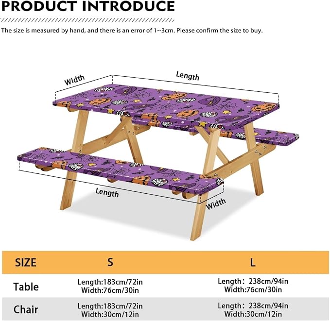 Halloween Picnic Table Cover with Bench Covers 3 Piece Fitted Picnic Table Cover with Bench Covers Picnic Table Covers with Elastic Band Picnic Table Cover for Halloween Decoration